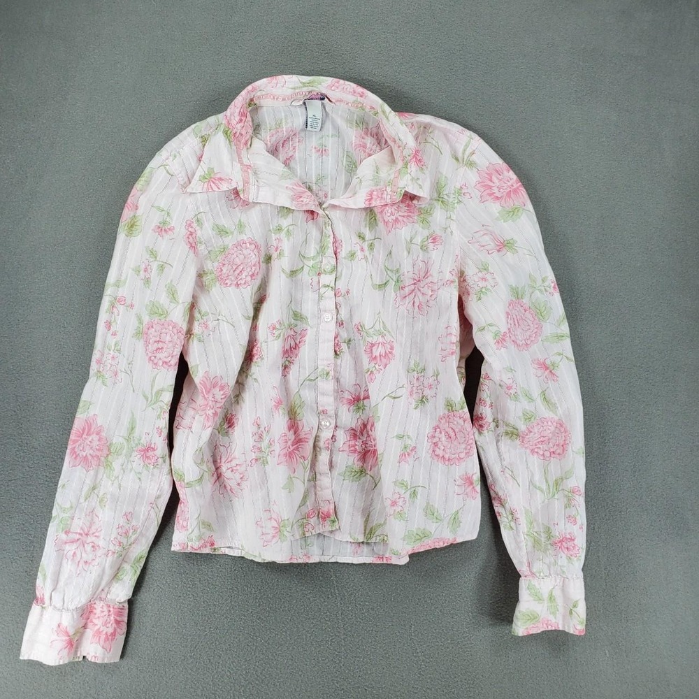 Aeropostale Button Up Shirt Womens XL Pink Floral Stripe Long Sleeve Y2K Cotton